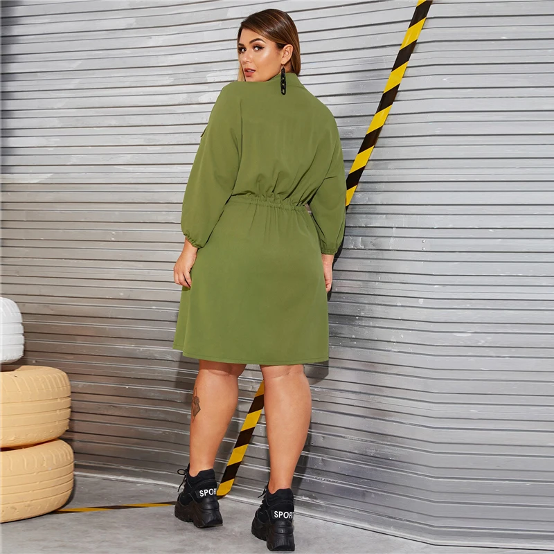 SHEIN плюс размер армейский зеленый шнурок талия карман сторона рубашка-карго платье Женская Осенняя Высокая талия расклешенные Повседневные платья Плюс