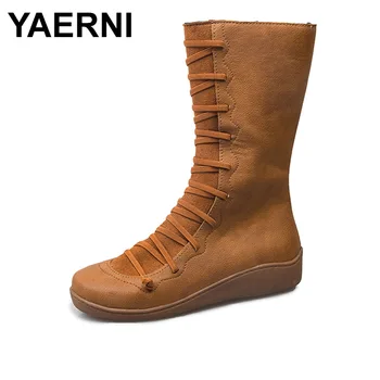 

YAERNIWomen's mid-calf boots autumn PU leather flat boots with cross strap Vintage women's long punk boots plus size womenE1195