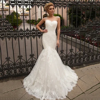 

Sheer O Neck Mermaid Wedding Dresses Appliques Lace Custom Made Illusion Back Sleeveless Vintage Bridal Gowns