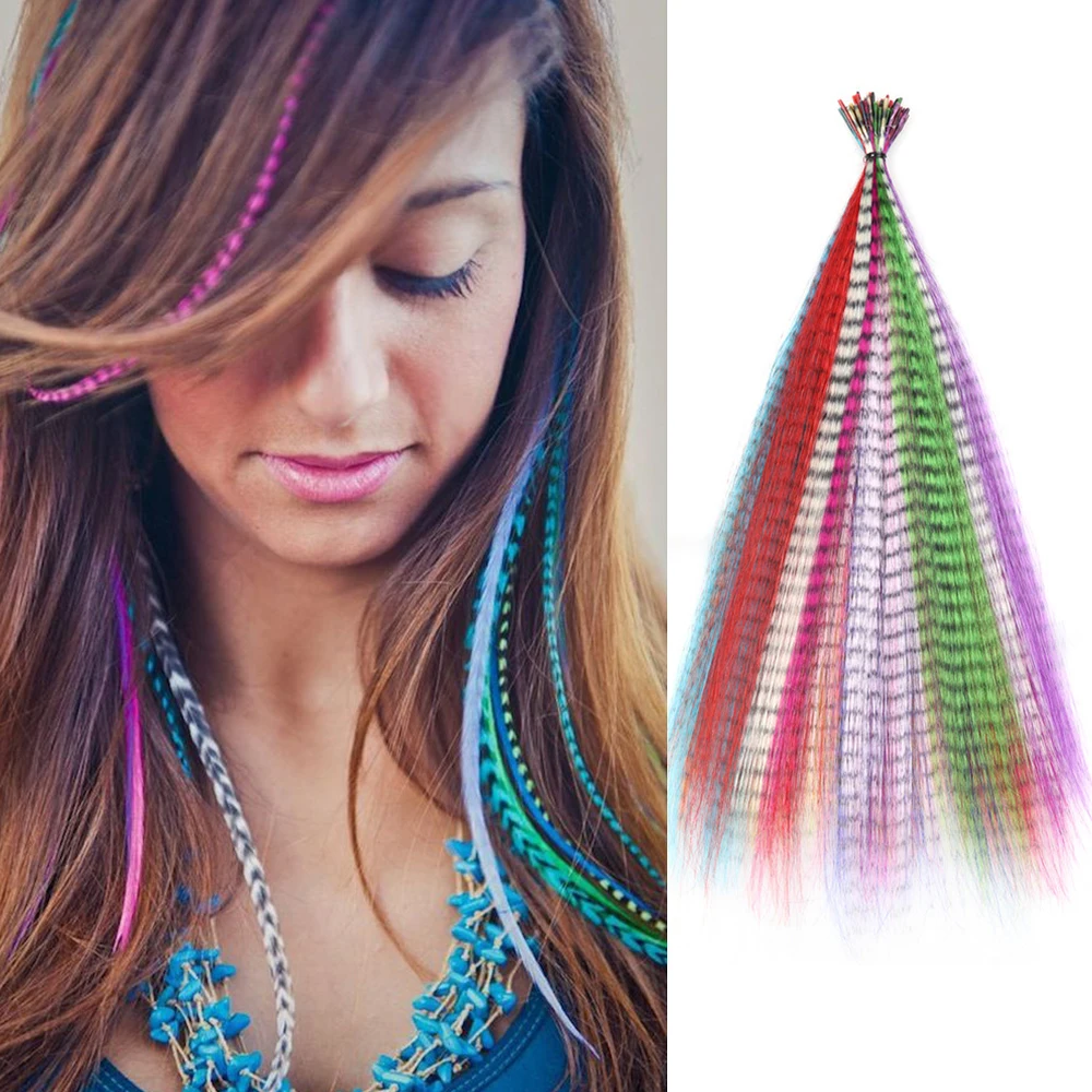 Colored False Strands Hair Extension Fake Feathers for Hair Extensions Coloring Rainbow Synthetic Hair Tress for Girls Party DIY women hair chignon pony tail bun wig clip artificial synthetic tress claw in ponytail hair extension hairpiece for wedding party