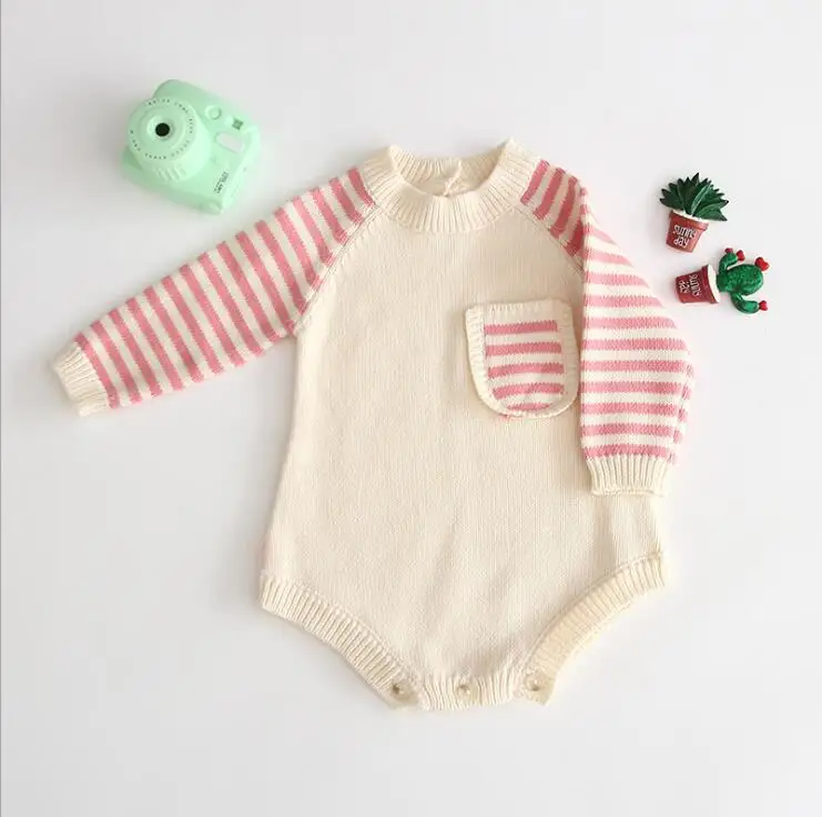 Вязаный свитер для новорожденных; вязаные комбинезоны в полоску; Одежда для новорожденных; сезон осень; милые комбинезоны в западном стиле