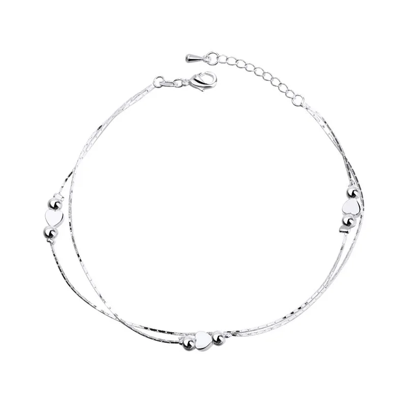 

New Product Silver-plated Anklet Korean-style Heart Shape Beads Double Layer Anklet Women's Beach AliExpress Hot Selling Anklet