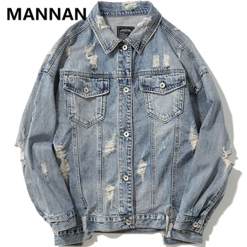 

MANNAN Mens Denim Jacket Distressed Hip Hop Vintage Patchwork Jacket Jeans 2019 Letter printed Ripped Denim Jackets Streetwears