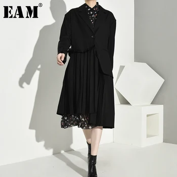 

[EAM] Women Splice Pleated Asymmetric Long Trench New Lapel Long Sleeve Loose Fit Windbreaker Fashion Spring Autumn 2020 1A8800
