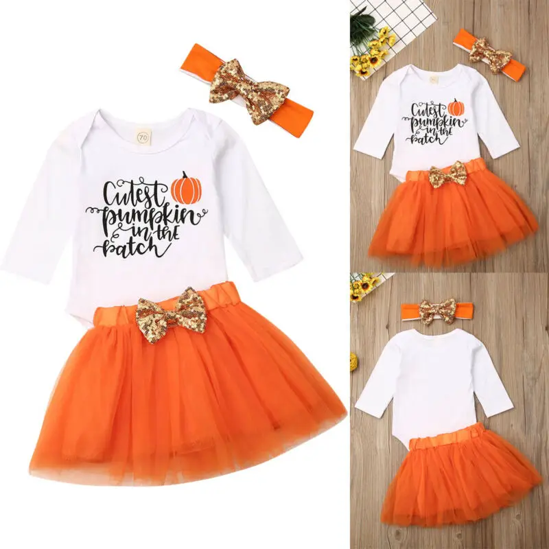 

3PCS Newborn Baby Girls 0-12M Pumpkin Romper Tutu Skirts Headband Halloween Outfits AU