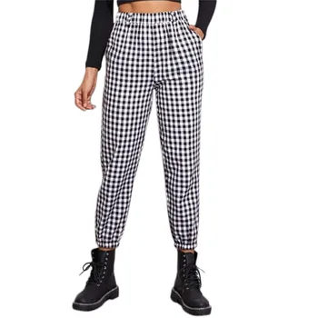 

Fashion Women Gingham Plaid Elastic Waist Long Pants Ladies Casual Sports Joggers Trousers Female Pants