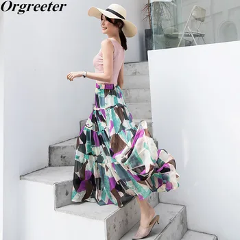 

2020 Summer New Women's Skirts Elastic waist Color block Printing Patchwork A-line Long Skirts Bohemian Retro Chiffon Skirt