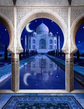 

Taj Mahal Nighttime Arabian Palace Column Crescent Moon Swimming Pool Backgrounds Computer Print Wedding Backdrop