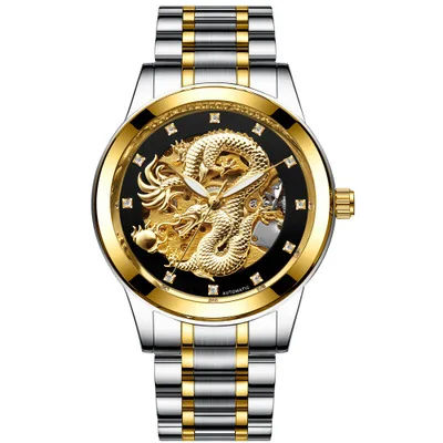 Роскошный скелет Fngeen мужские часы автоматические механические часы золотой дракон водонепроницаемые хронограф часы для мужчин s подарки - Цвет: Inter-gold Black-B