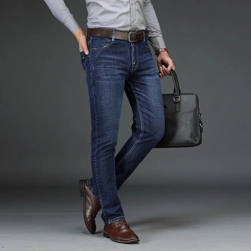 Высокое качество, Осень-зима, эластичные мужские джинсы, прямые, свободные и большие размеры, деловые повседневные штаны, Молодежные мужские брюки