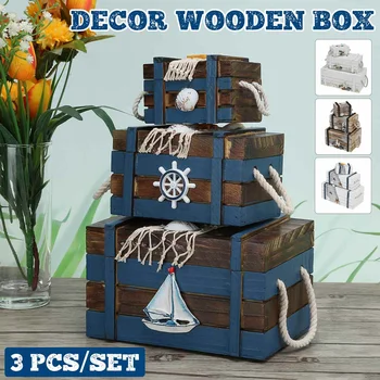 

3 IN 1 Mediterranean Ocean Wooden Box Storage Classic European Style Desktop Jewelry Wooden Box Decor Case
