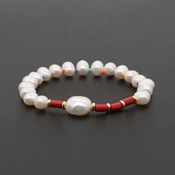 

Go2Boho Real Freshwater Pearls Women Bracelet Tube Enamel Tile Beaded Perle Jewelry Stretch String Handmade Boho Bracelets