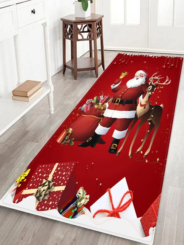 Christmas Santa Claus Deer Pattern Print Flannel Floor Mat