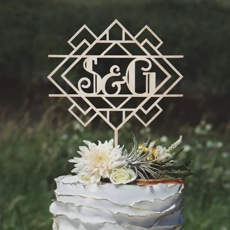

Vintage and retro wedding themed decor,Art Deco monogram cake topper, Vintage wedding cake topper
