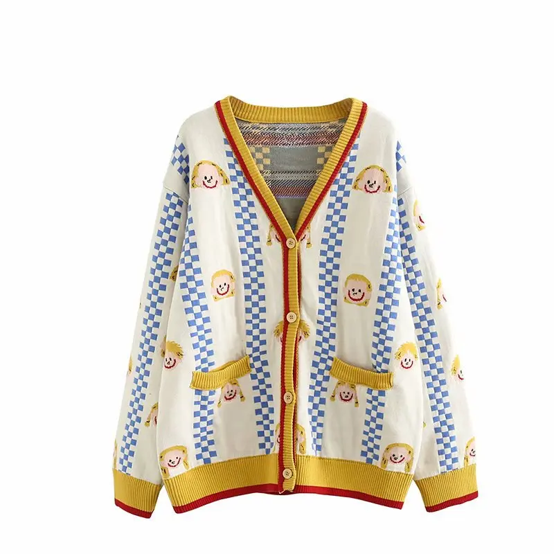 Women Cardigans Yellow Harakuju Cartoon Embroidery