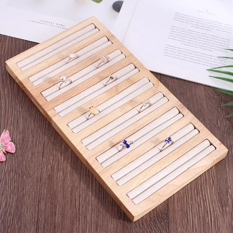 Rectangle Wood 9 Long Slots Jewelry Display Tray Ring Holder Large Capacity Box