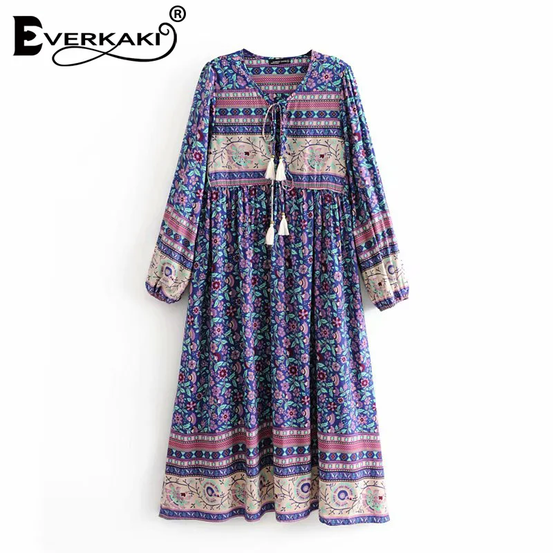 

Everkaki Boho Print Long Dress Women Tassels Neck Tied Elegant Vintage Ladies Plus Size Maxi Winter Dresses Female 2019 Autumn