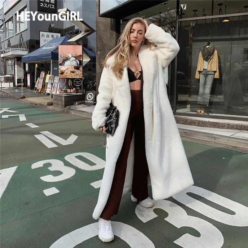 

HEYounGIRL Furry Faux Fur Long Coats Women Casual White Fake Rabbit Teddy Bear Jacket Ladies Warm Fluffy Overcoat Female Winter