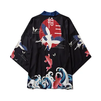 

Male Japan Retro Pattern Bird Print Cardigan Shirts Men Streetwear Fashion Hip Hop Loose Casual Short Sleeve Kimono Shirts