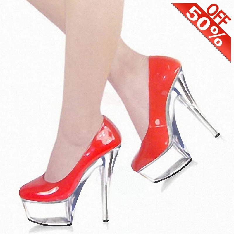 

Sexy Patent leather Shallow Round toe Thick platform Party 15CM Party 6 inches Fashion Big Size Stripper Pumps Wedding Shoes