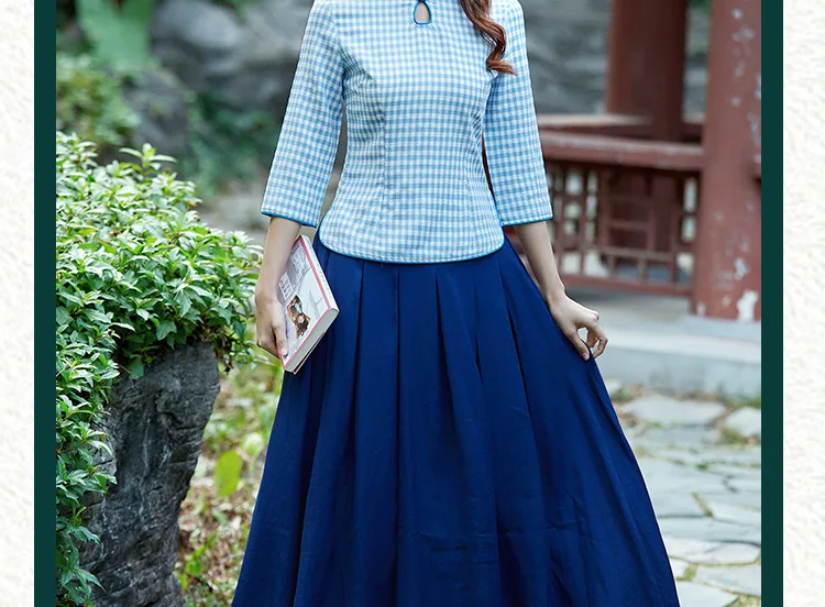 Китайский стиль учебный стиль для женщин с длинными рукавами Qipao решетки Улучшенный чёнсам Тан костюм рубашка женская повседневная одежда рубашка