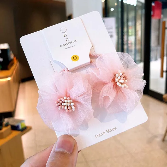 Oaoleer 2PCS/Set Novelty Net Yarn Flowers Elastic Hair Bands for Children Hair Circle Girl Hair Rope Rubber Band Ponytail Tie 2