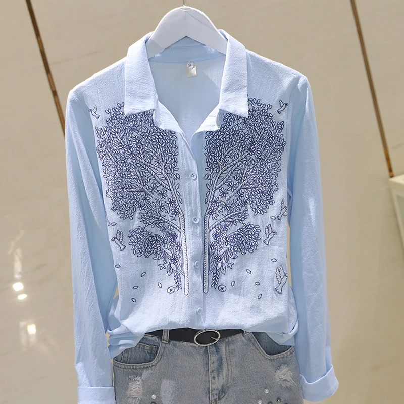 

Flower Embroidery Women Shirts 2020 Summer New Turn-Down Collar Long-Sleeved Solid Office Lady Elegant Shirts Outwear Coat Tops
