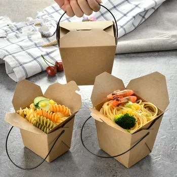 

50pcs Kraft paper carton lunch snack furit salad box disposable fast food pasta takeaway packaging box with black plastic handle