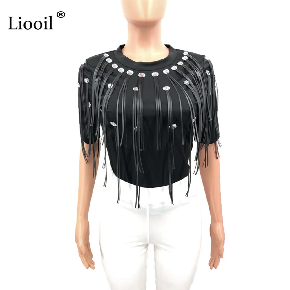 Liooil Стразы, Сексуальная Блузка с кисточками, женский черный топ, Blusas,, уличная одежда, короткий рукав, о-образный вырез, бодикон, Женские топы и блузки