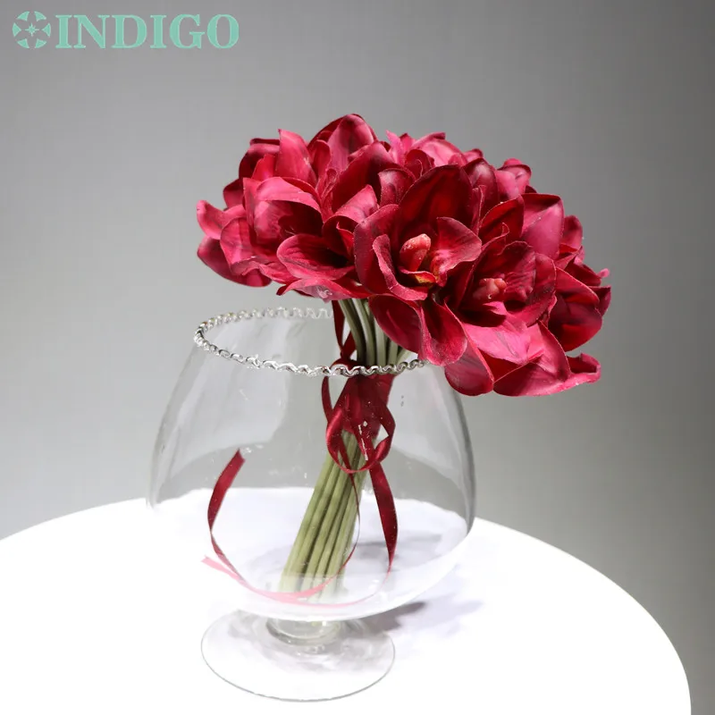 INDIGO Designed- 21 pcs/Lot Red Cymbidium Orchids New Style Bride Banquet Real Touch Flower Wedding Party Free Shipping