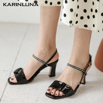 

KarinLuna 2020 New Arrivals Genuine Leather Women Sandals Square Heels Metal Decoration Pumps Summer Dress Women Shoes