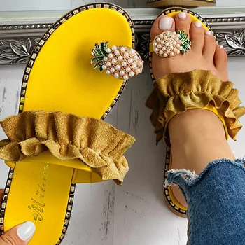 

Women Slipper Pineapple Pearl Flat Toe Bohemian Casual Shoes Beach Sandals Ladies Shoes Platform Sandalias De Mujer 2020