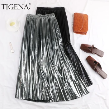 

TIGENA Gold Silver Metallic Shiny Pleated Skirt Women Fashion 2019 Autumn Winter Korean A-line High Waist Long Skirt Female