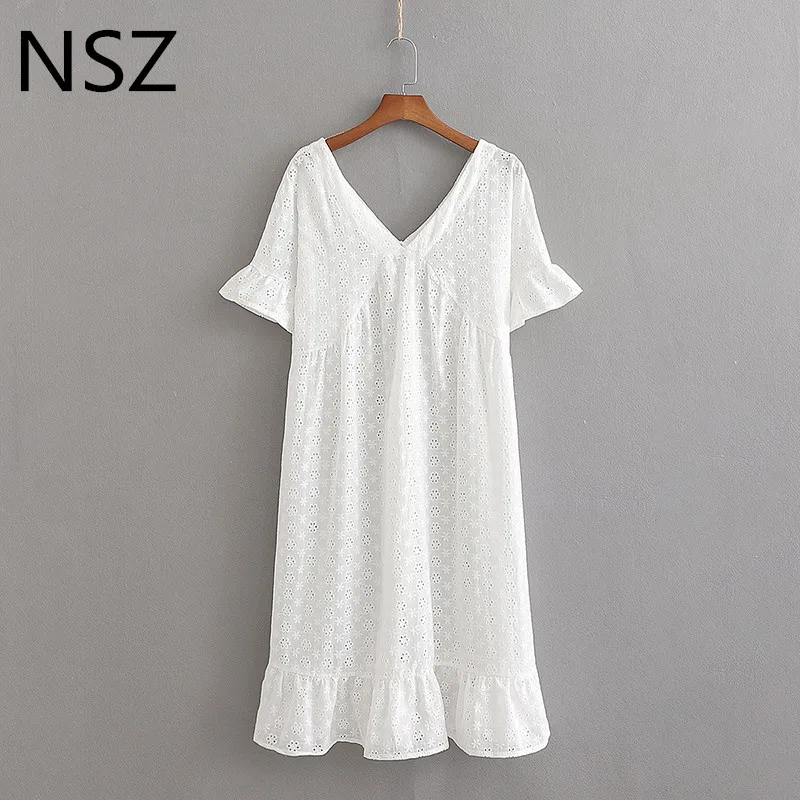 

Women White Cotton Summer Dress V Neck Ruffles Dress Embroidery Hollow Out Loose Oversize Mini Dress