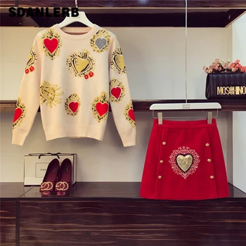 

2piece Sets Women Autumn Winter Love Jacquard Sweater + Red Skirt Two Piece Suit Conjunto Feminino Conjuntos De Mujer Ladies