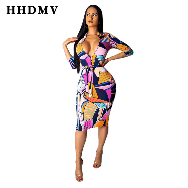 

HHDMV 2019 women fashion new seven points sleeve zipper high collar dresses printed sashes knee-length colorful dresses GQM13659