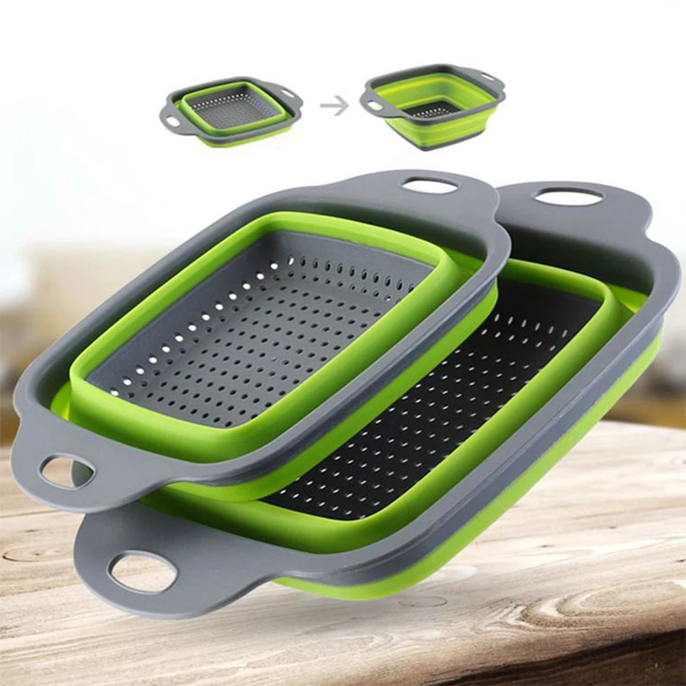 

Foldable Fruit Vegetable Washing Basket Strainer Silicone Drainer With Handle