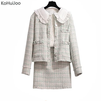 

KoHuiJoo Autumn Tweed Blazer and Skirt Suit Women Elegant Pearl Beaded 2 Pieces Outfits Lady Sexy Plaid Mini Skirts Sets 2019