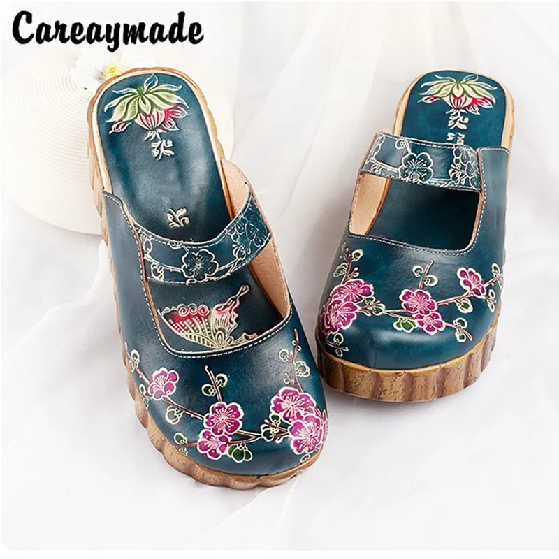 Careaymade-Folk style Head layer cowhide pure handmade Carved shoes,the retro art mori girl shoes,Women's fashion casual slipper