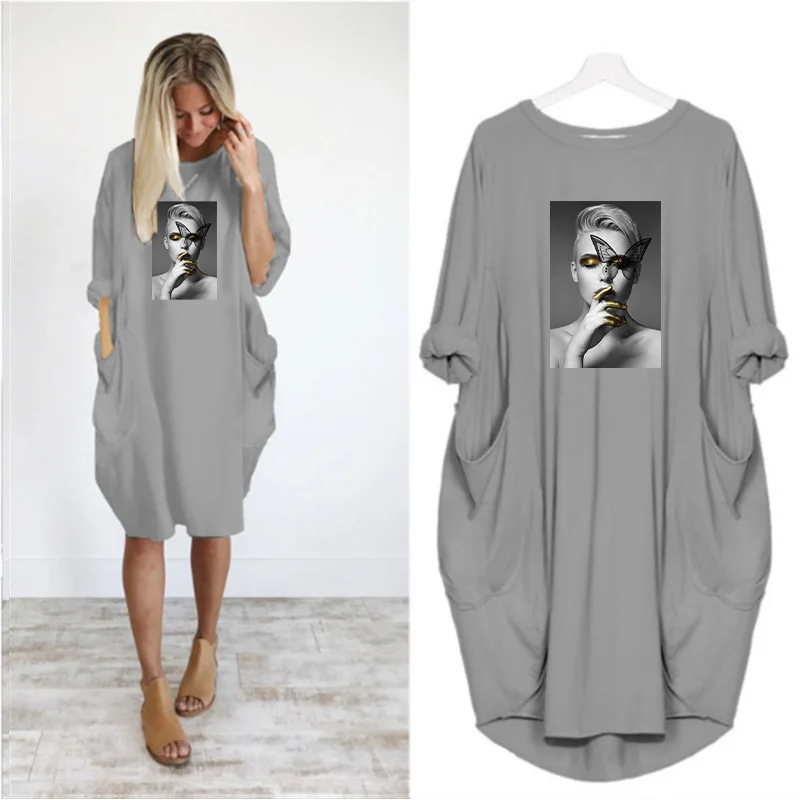 Plus Size Nordic Art Dress Butterfly Girl Cool Women Midi Dresses O-Neck Autumn Thin Long Sleeve Pockets Loose Party Vestidos