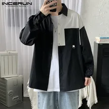 INCERUN – Chemise Patchwork à manches longues pour homme, Blouse de marque à revers, couture irrégulière, poches