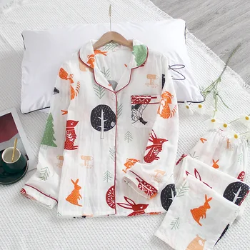 

Pajamas Women Cotton Cartoon Sleepwear Long-sleeved Trousers Squirrel Sleep Tops Kawaii Night Home Service Pajamas For Women
