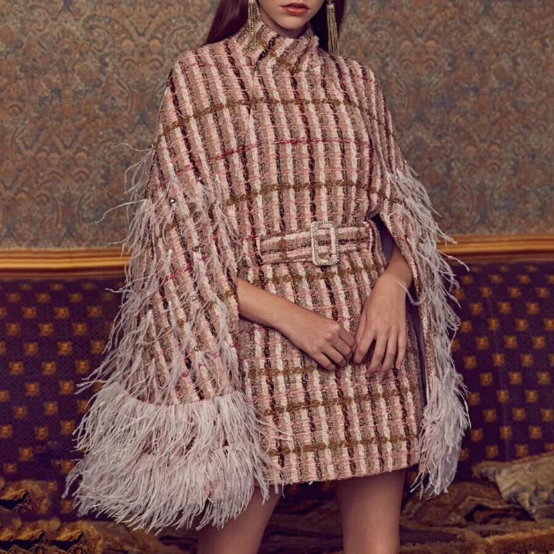 

2020 Spring New Fashion Woolen Coat Women Checked Feather Beaded Cape Coat with Belt Women Coats Winter