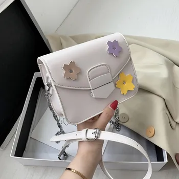 

2020 new flower design contrast color ladies PU leather mini messenger bag chain shoulder bag travel handbag