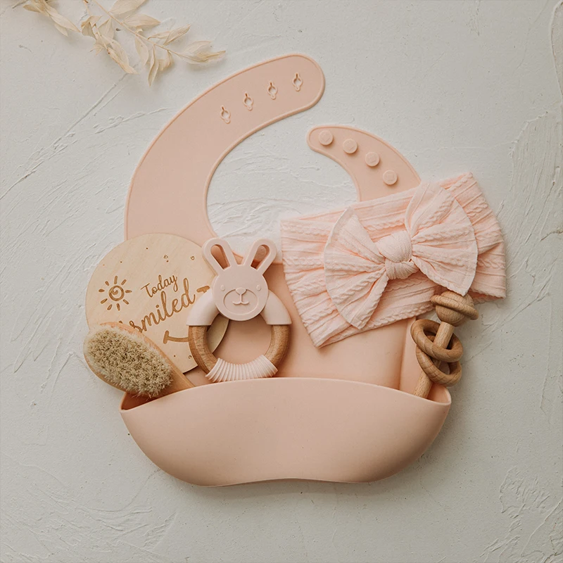 1set Baby Care Products Silicone Bibs Headband Baby Milestones Brush Rattle Bracelet Photography Props Set Birth Product Gifts 1set Baby Care Products Silicone Bibs Headband Baby Milestones Brush Rattle Bracelet Photography Props Set Birth Product Gifts