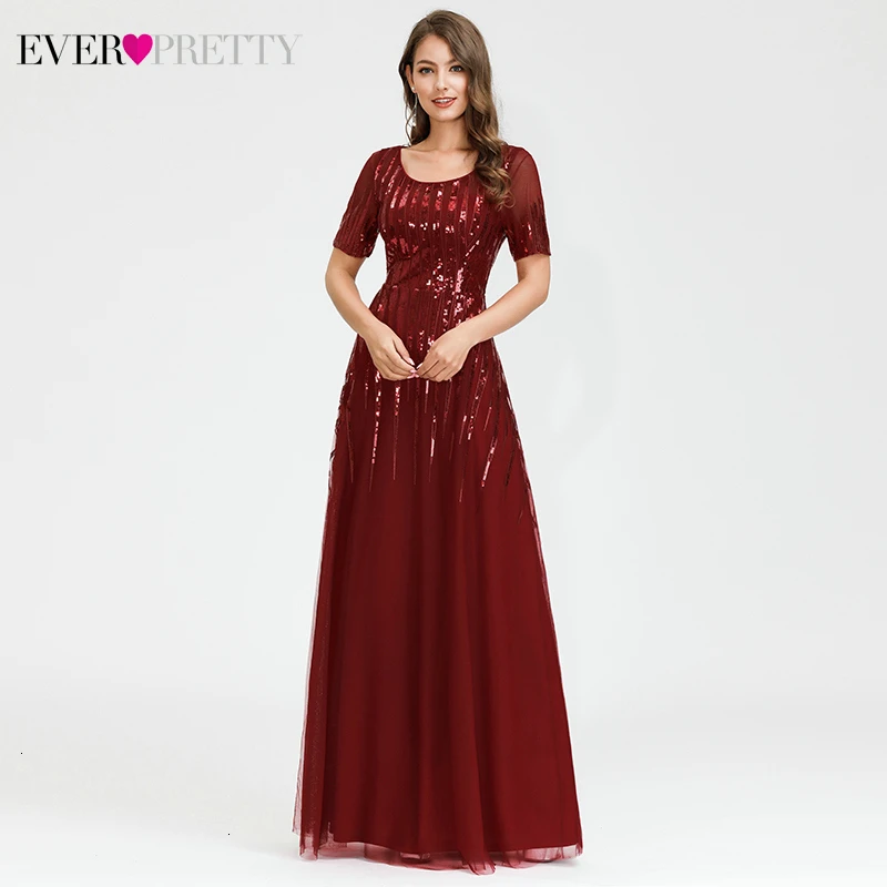 

Elegant Burgundy Evening Dresses Ever Pretty Sequined A-Line O-Neck Short Sleeve Striped Tulle Sparkle Formal Gowns Vestidos