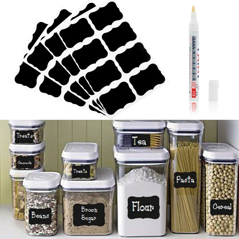 

5 Sheets Waterproof Fancy Black Board Kitchen Label Stickers Jar Labels Bottle Cruet Tags Blackboard Labels Stickers With Pen