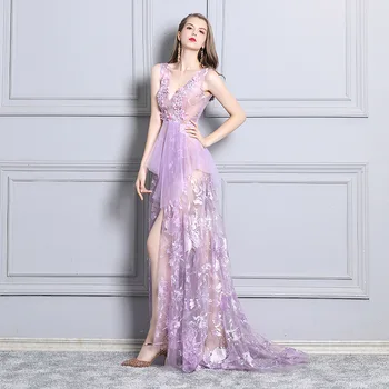 

Purple Deep V-neck Sexy Perspective Car Model Evening Dresses Nightclub Costume Evening Dress Long Elegant Charming Event Dress