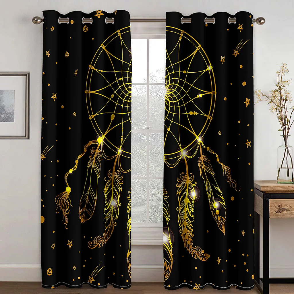 

Bedroom Blackout Curtains Boho Black Gold Window Curtain Bohemian Dreamcatcher Window Drapes for Living Room カーテンCotinas De Sala