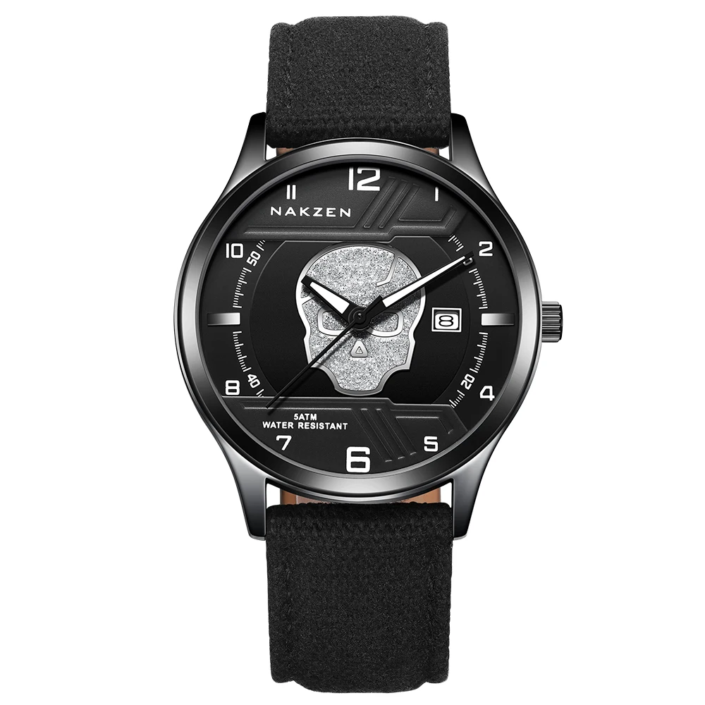 NAKZEN новые мужские часы от ведущего бренда роскошные модные кварцевые часы с черепом водонепроницаемые светящиеся часы с кожаным ремешком relogio masculino - Цвет: black